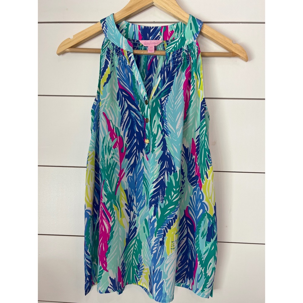 Lilly Pulitzer Elsa Top XXS Silk Sleeveless Feather Print Multi Color Blouse